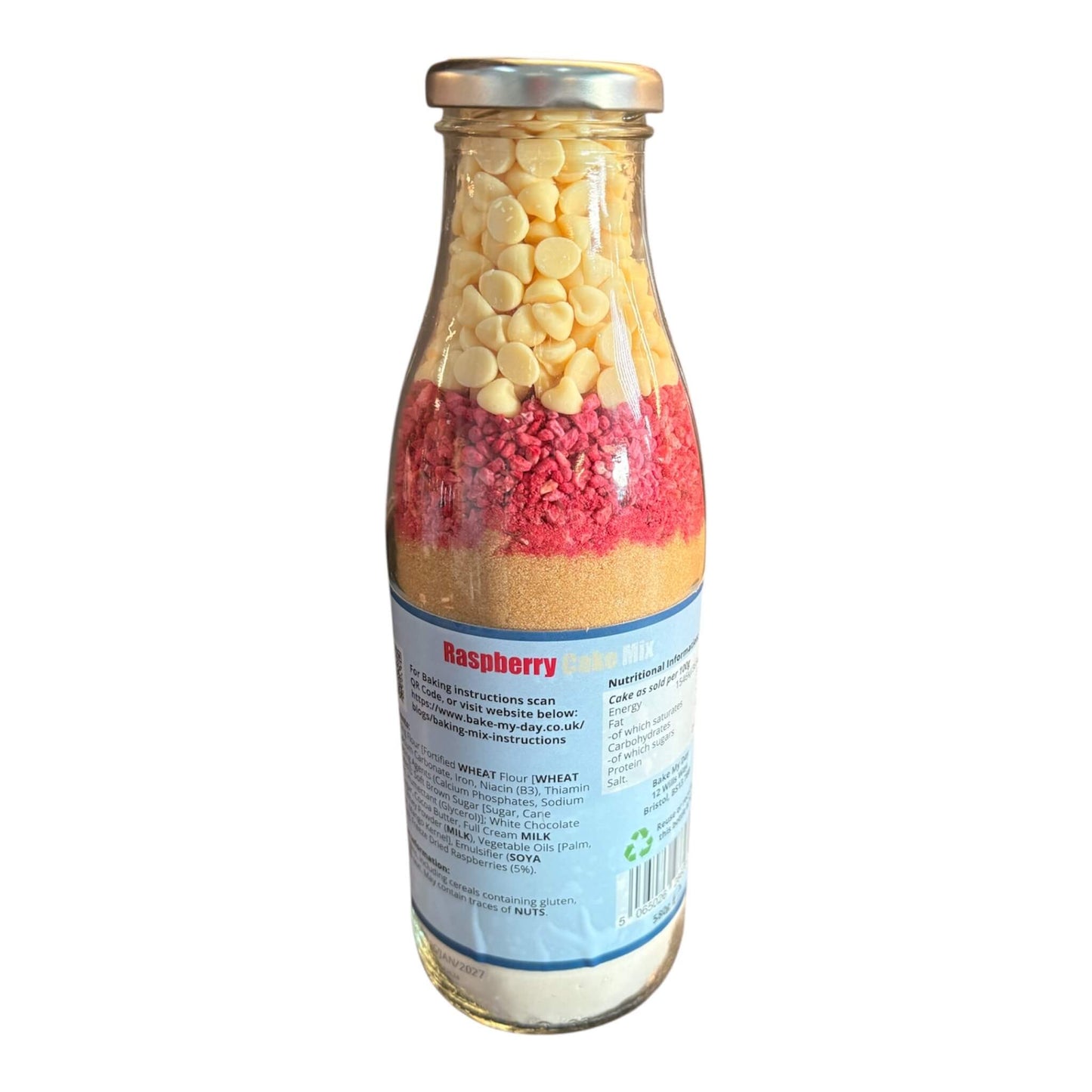 Raspberry & White Chocolate Cake Baking Mix Bottle with pre-measured dry ingredients in a glass jar