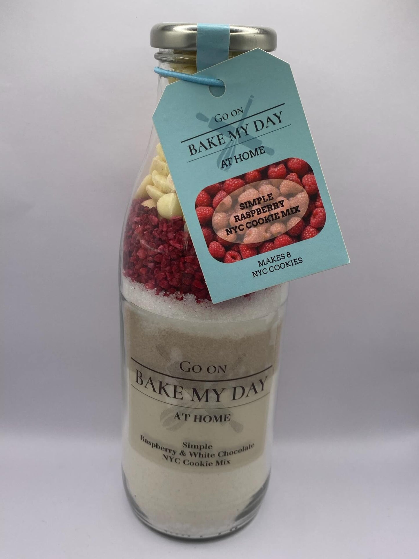 Raspberry and White Chocolate Cookie Mix Bottle – bake-at-home jar kit UK with pre-measured dry ingredients for easy homemade cookies