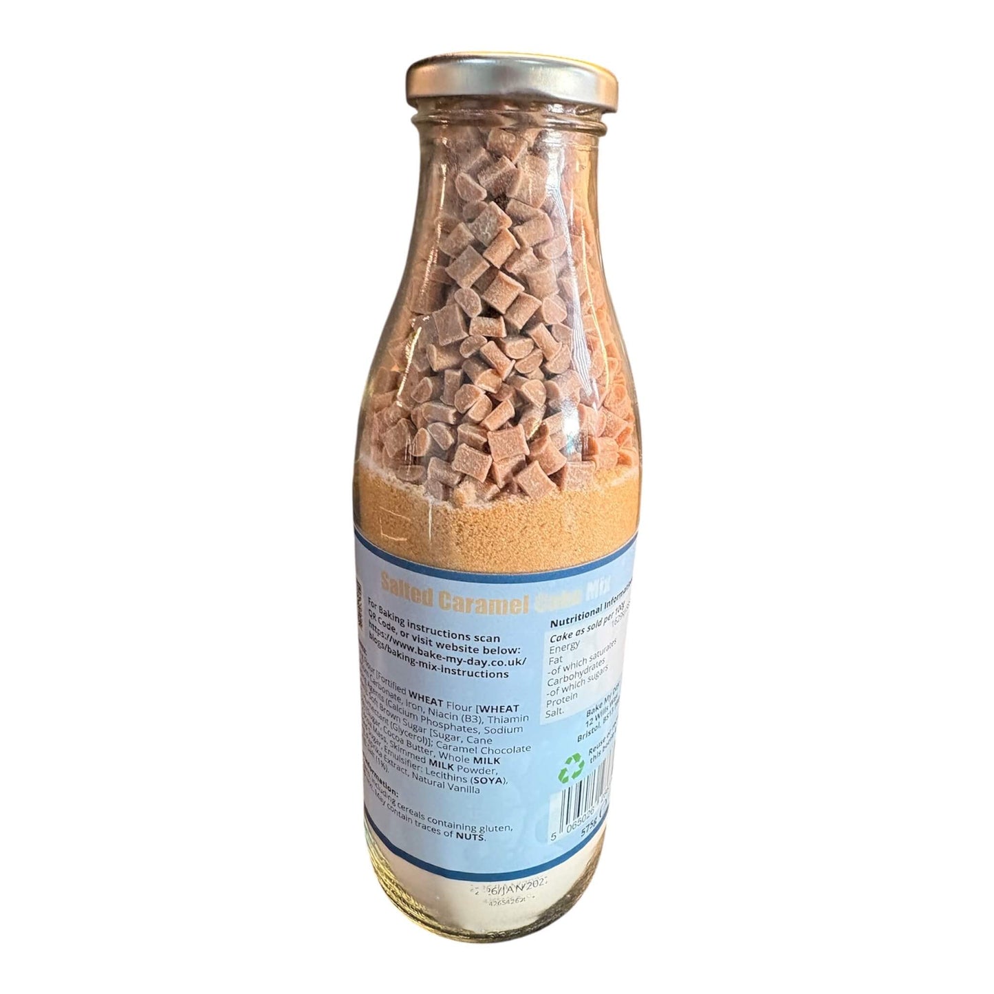 Salted Caramel Cake Baking Mix Bottle with pre-measured dry ingredients in a glass jar