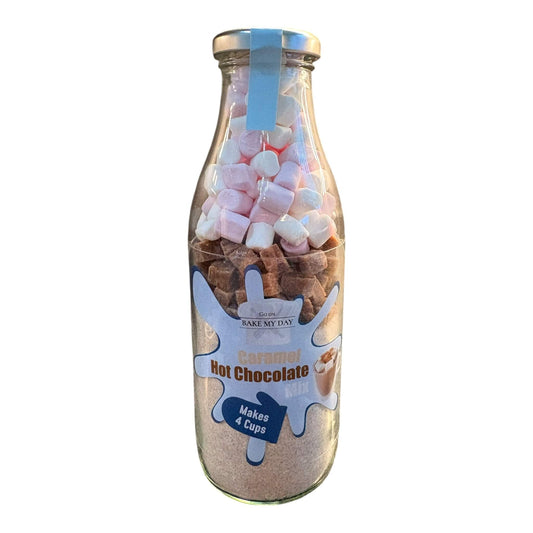 Caramel Hot Chocolate Bottle Mix. Makes 4 cups of hot chocolate. Has added fudge pieces and mini marshmallows as toppings.