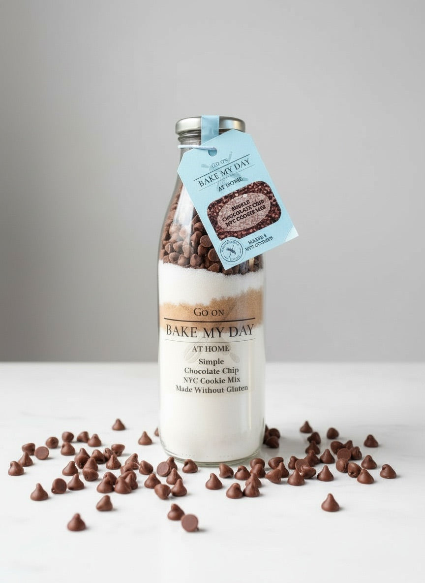 Made without Gluten Chocolate Chip Cookie baking mix in a glass bottle