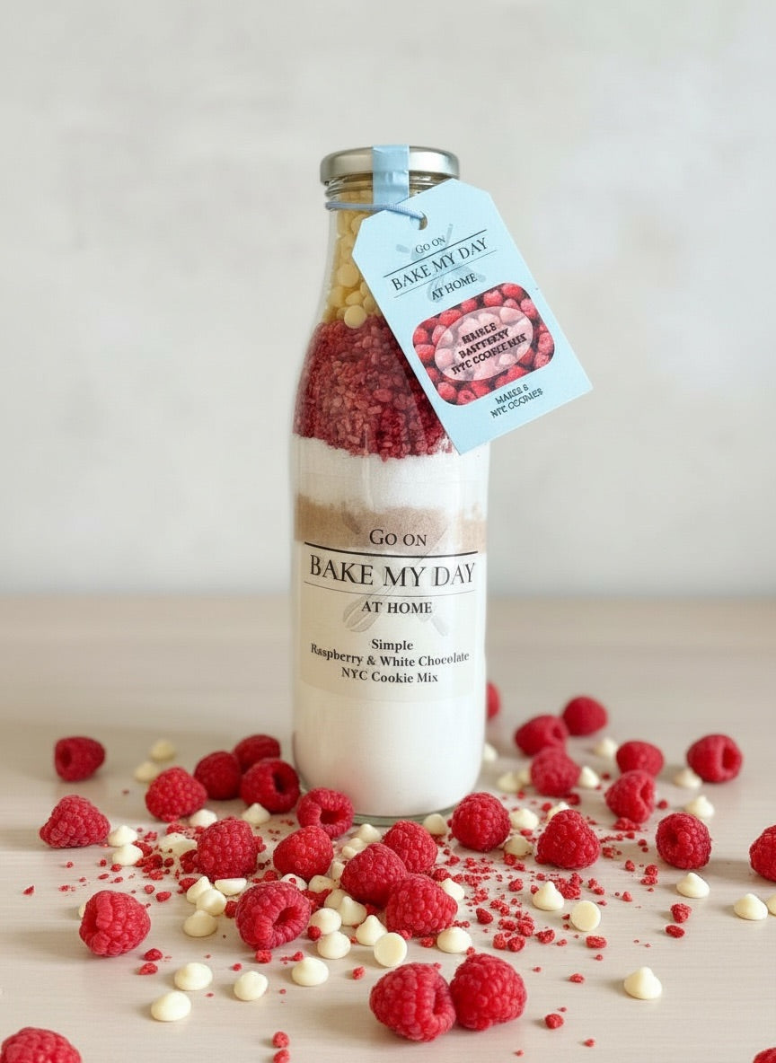 Raspberry and White Chocolate Cookie baking mix in a glass bottle