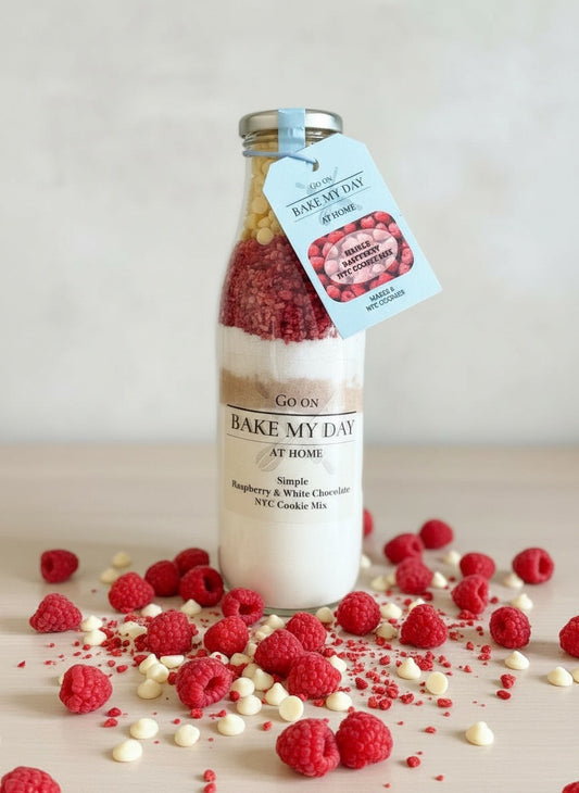 Raspberry and White Chocolate Cookie baking mix in a glass bottle