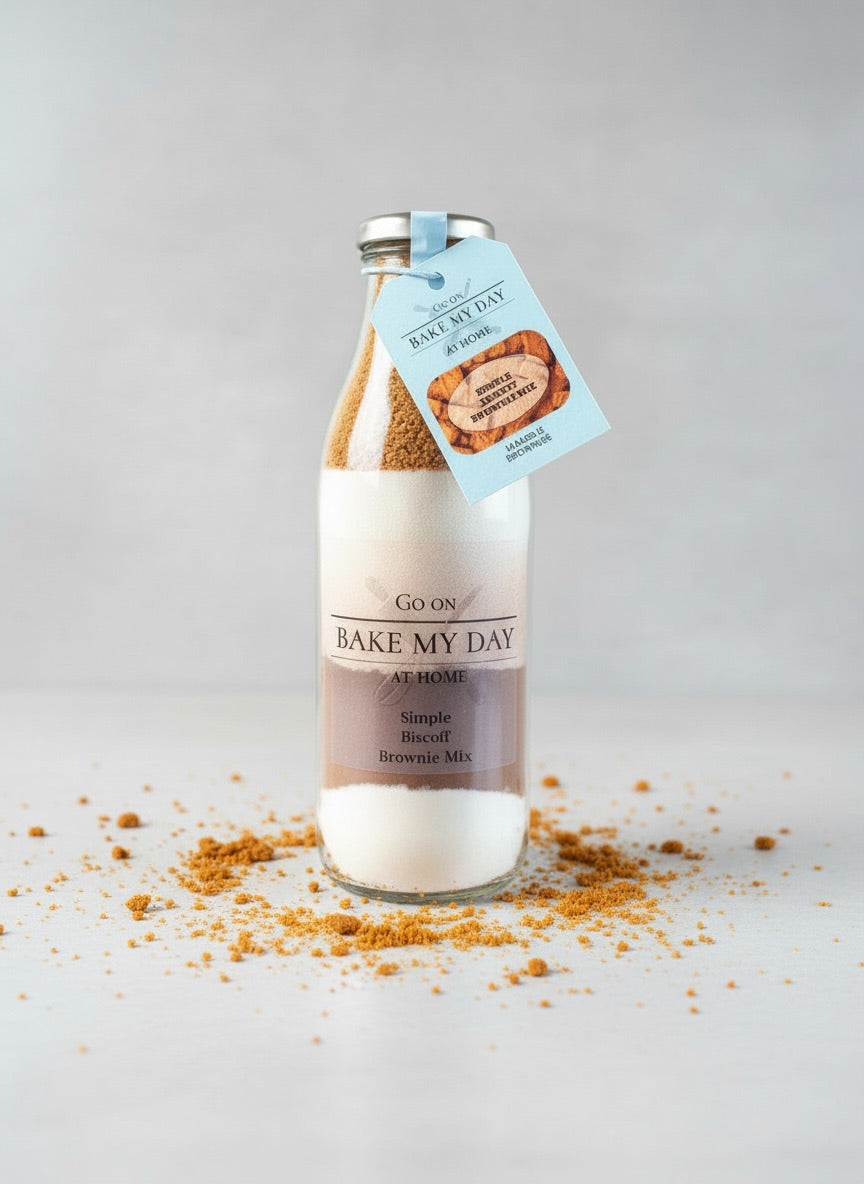 Biscoff Brownie baking mix in a glass bottle