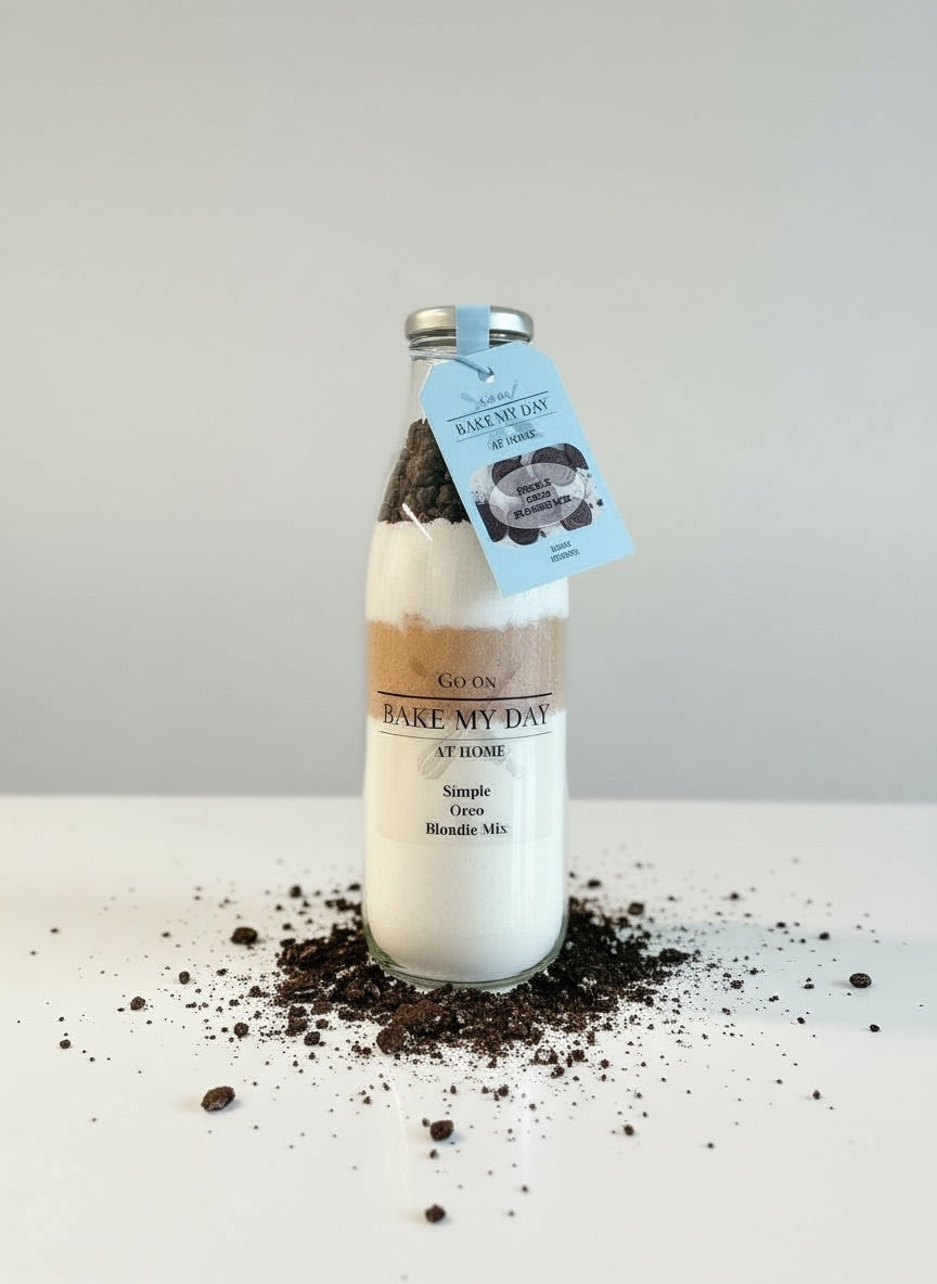 Oreo Blondie Baking mix in a glass bottle