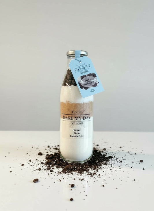 Oreo Blondie Baking mix in a glass bottle