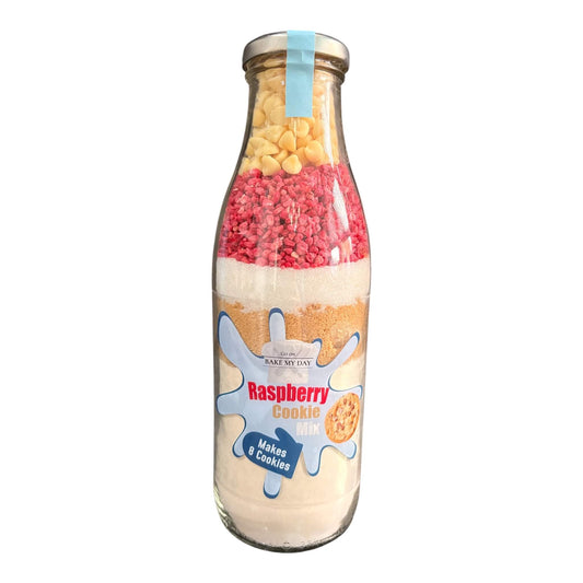 Raspberry and White Chocolate Cookie baking mix in a glass bottle