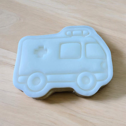 Ambulance Paint Your Own Cookie – ambulance-shaped iced biscuit with edible paint palette and brush, fun and creative kids’ baking activity or transport-themed party treat.