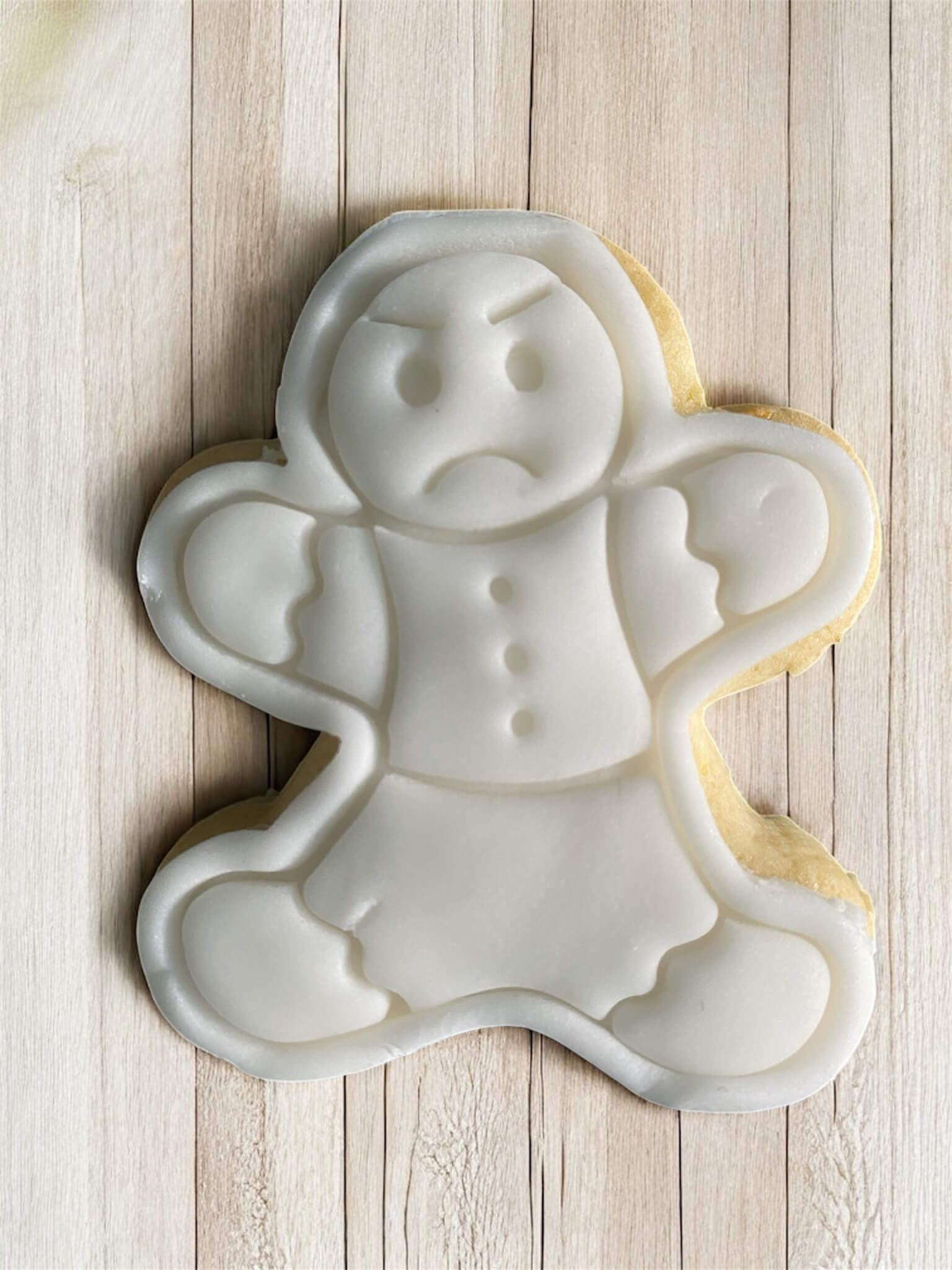 Angry Man Paint Your Own Cookie – gingerbread man-shaped iced biscuit with angry expression with edible paint palette and brush, fun and creative kids’ baking activity or holiday party treat.