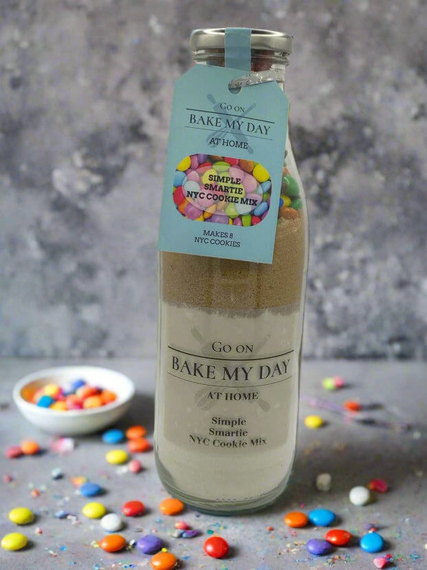 Bake My Day wholesale baking mixes – bottled cookie and cake mixes available for retailers, including Raspberry & White Chocolate, Triple Chocolate, Smartie, Biscoff, Oreo, Mint Chocolate, Chocolate Orange, and Salted Caramel, perfect for stocking fun bake-at-home treats in stores or online.