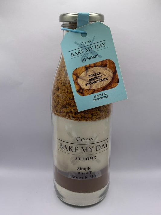 Biscoff Brownie Baking Mix Bottle – bake-at-home jar kit UK with pre-measured ingredients to make 12 soft, fudgy homemade Biscoff brownies in a 9” x 9” tray
