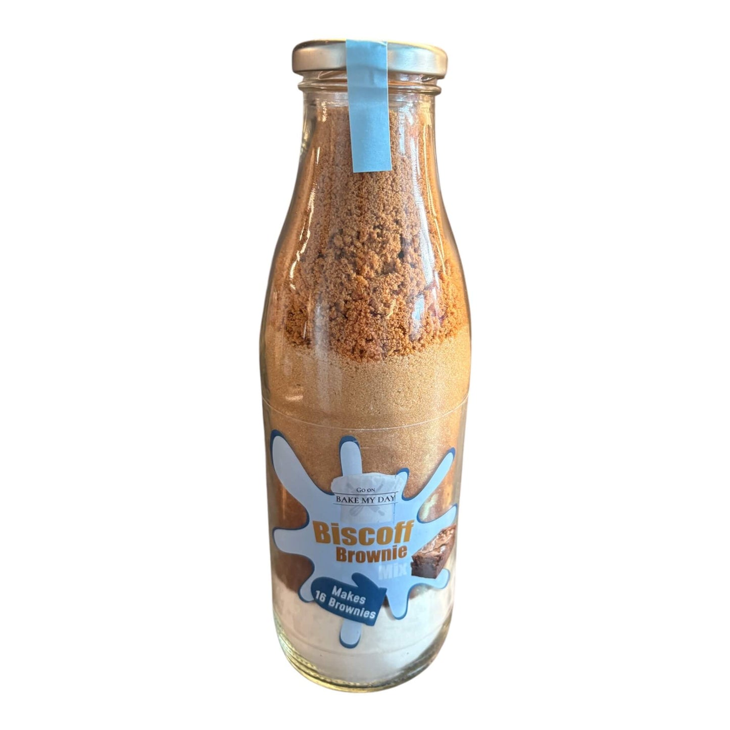 Biscoff Brownie Baking Mix Bottle – bake-at-home jar kit UK with pre-measured ingredients to make 16 soft, fudgy homemade Biscoff brownies in a 9” x 9” tray
