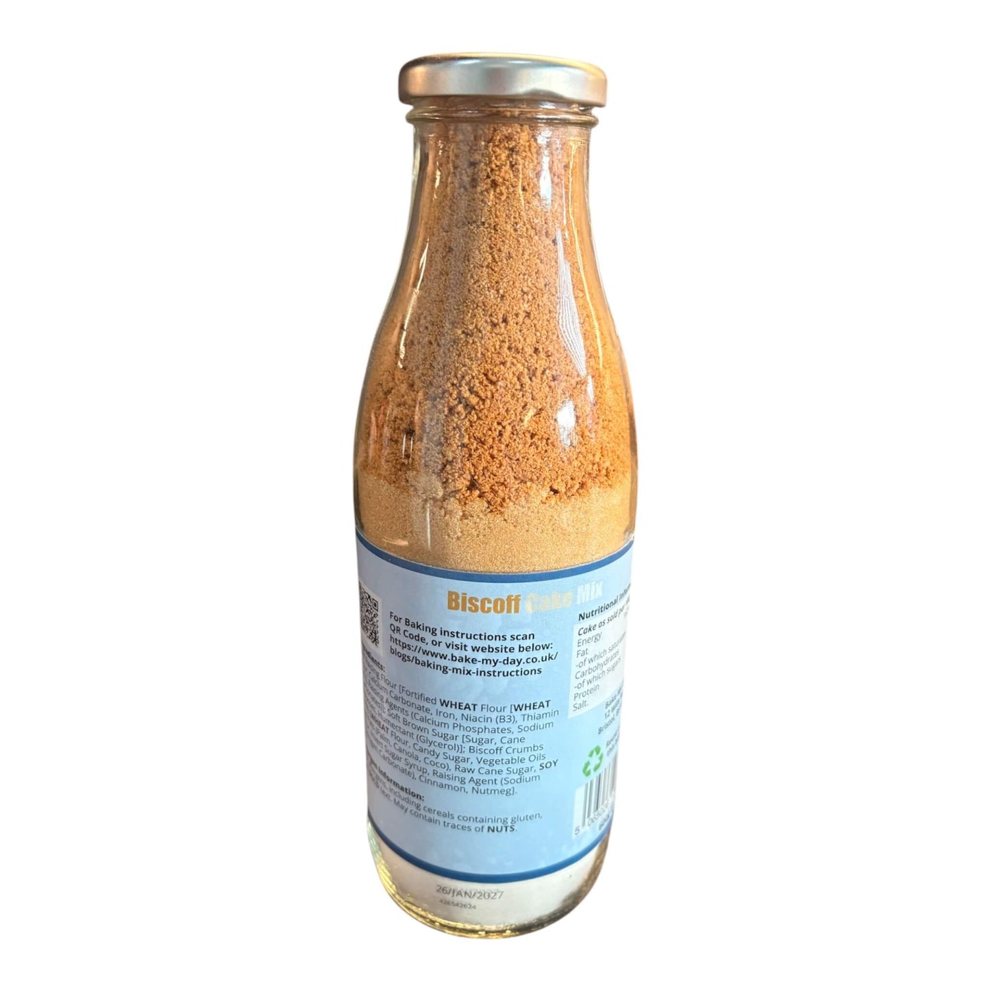 Biscoff Cake Baking Mix Bottle with pre-measured dry ingredients in a glass jar