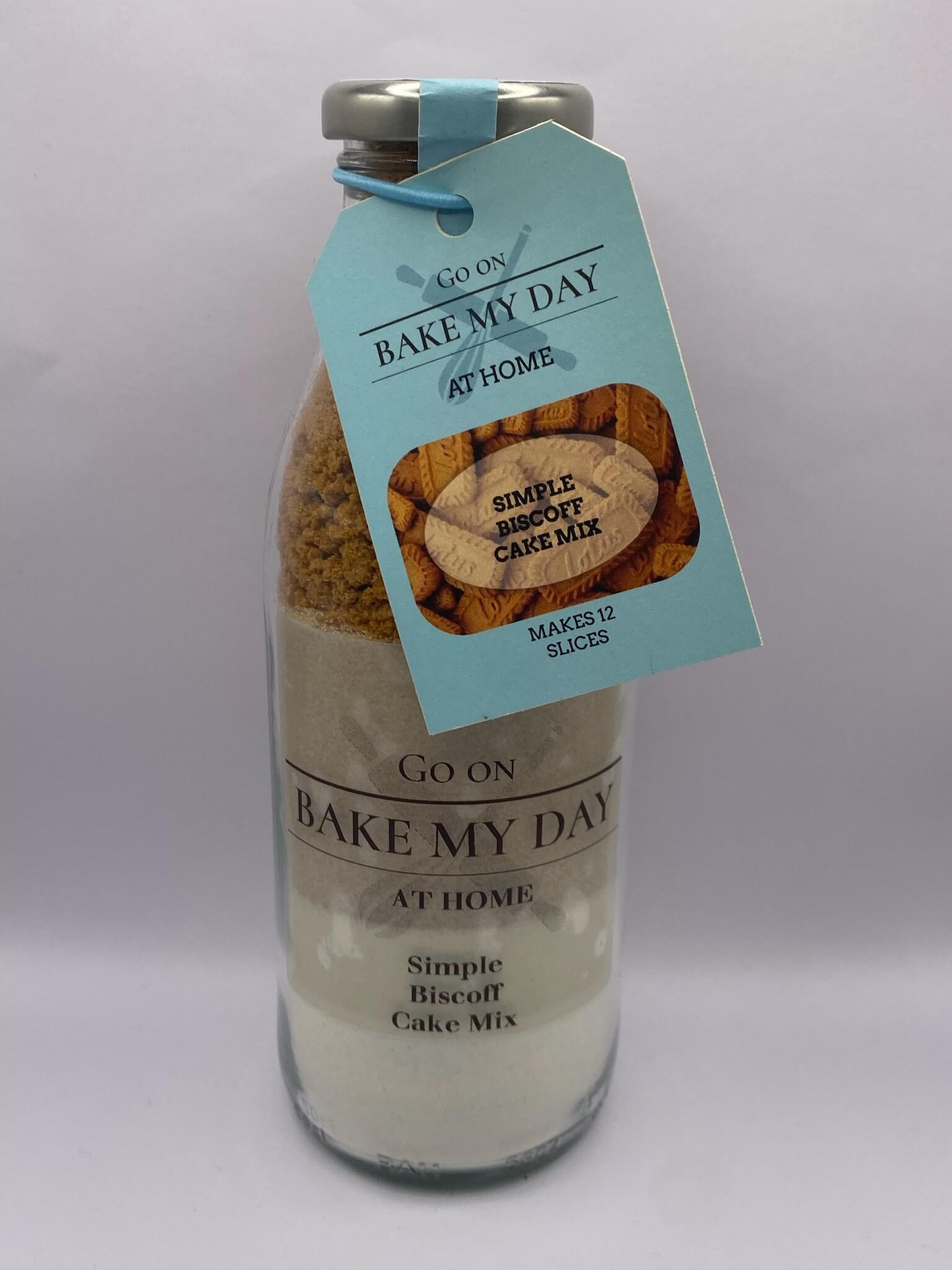 Biscoff Cake Baking Mix Bottle with pre-measured dry ingredients in a glass jar