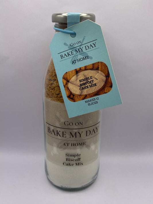 Biscoff Cake Baking Mix Bottle with pre-measured dry ingredients in a glass jar