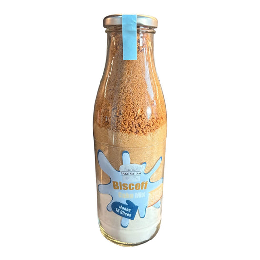 Biscoff Cake Baking Mix Bottle with pre-measured dry ingredients in a glass jar