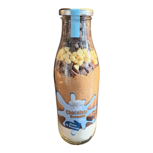 Chocolate Brownie Baking Mix Bottle – bake-at-home jar kit UK with pre-measured ingredients to make 16 rich, fudgy homemade brownies in a 9” x 9” tray