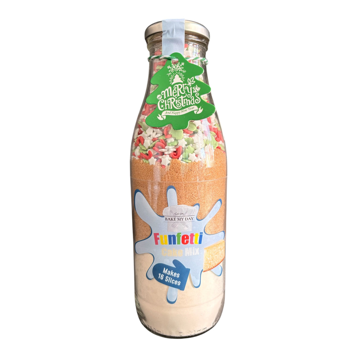 A glass bottle filled with Funfetti Christmas Sandwich Mix, featuring a green 'Merry Christmas' label and a blue and white Funfetti logo on the front, set against a plain white background.
