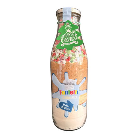 A glass bottle filled with Funfetti Christmas Sandwich Mix, featuring a green 'Merry Christmas' label and a blue and white Funfetti logo on the front, set against a plain white background.