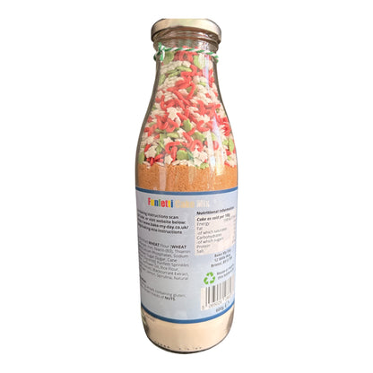 A glass bottle of Farneti Turrial flour, showing the back label and the colorful textured flour inside, set against a plain white background.
