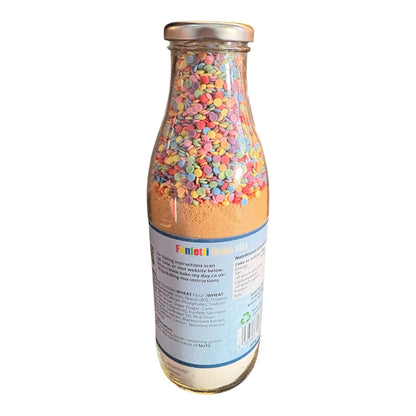 Funfetti Cake Baking Mix Bottle with pre-measured dry ingredients in a glass jar