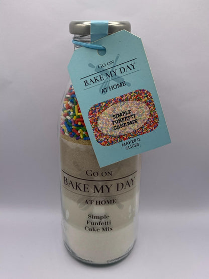 Funfetti Cake Baking Mix Bottle with pre-measured dry ingredients in a glass jar