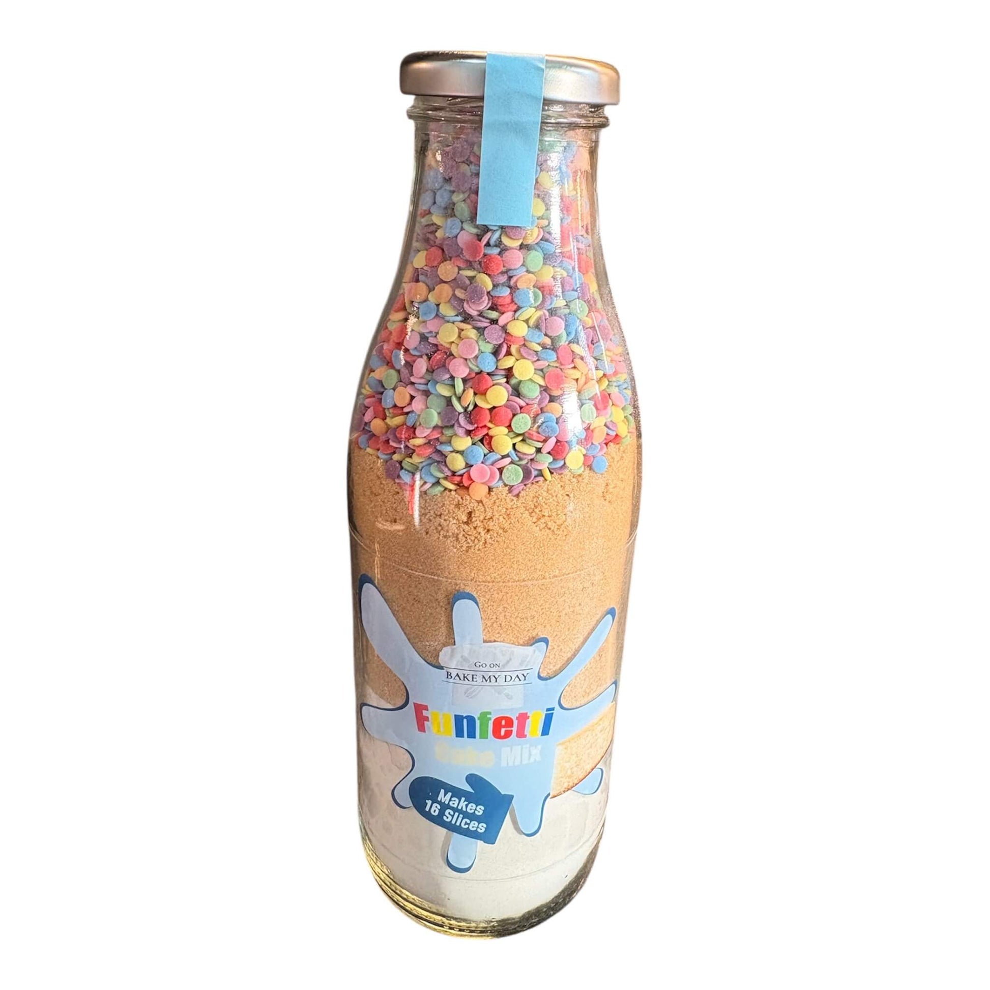 Funfetti Cake Baking Mix Bottle with pre-measured dry ingredients in a glass jar