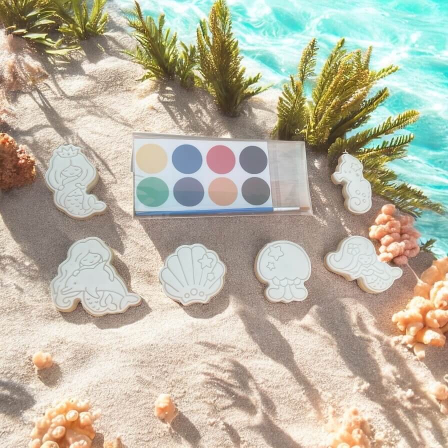 Mermaid Paint Your Own Cookie Set – mermaid-themed iced biscuits with edible paint palette and brush, fun and creative kids’ baking activity or party treat.