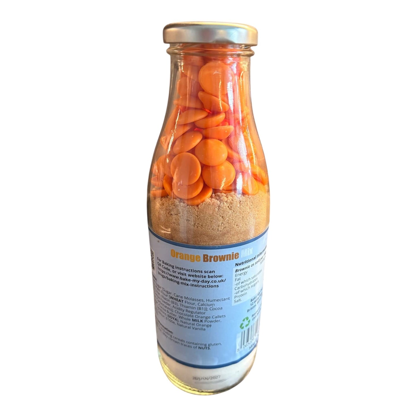 Chocolate Orange Brownie Baking Mix Bottle – bake-at-home jar kit UK with pre-measured ingredients to make 16 fudgy homemade brownies in a 9” x 9” tray