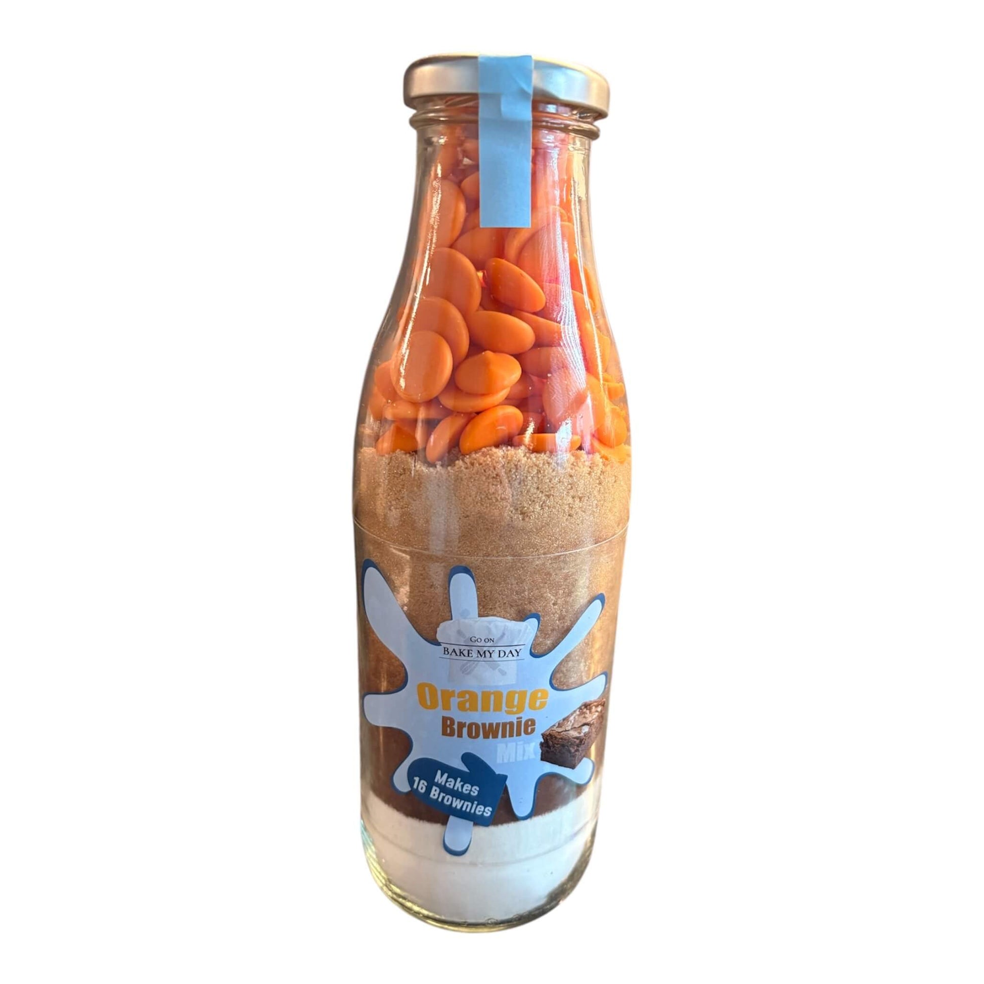 Chocolate Orange Brownie Baking Mix Bottle – bake-at-home jar kit UK with pre-measured ingredients to make 16 fudgy homemade brownies in a 9” x 9” tray