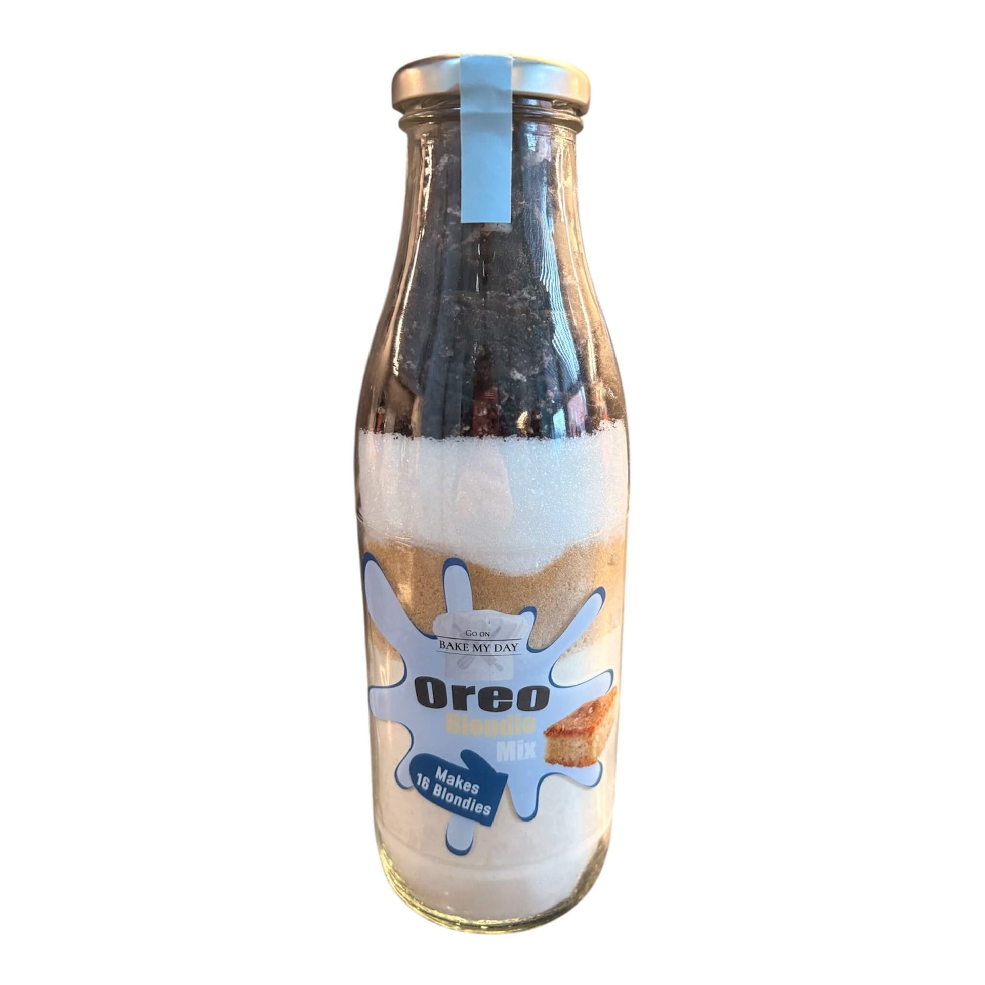 Oreo Blondie Baking Mix Bottle – bake-at-home jar kit UK with pre-measured ingredients to make 16 soft, chewy homemade Oreo blondies in a 9” x 9” tray