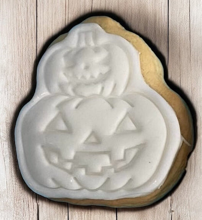 Pumpkin Stack Paint Your Own Cookie – stacked pumpkin-shaped iced biscuit with edible paint palette and brush, fun and creative kids’ Halloween baking activity or party treat.