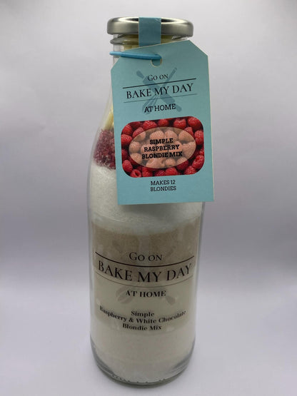 Bake My Day Raspberry & White Chocolate Wholesale Blondie Baking Mix – bottled mix for retailers, easy bake-at-home raspberry and white chocolate blondie mix, perfect for stores, online sales, and gift packs.