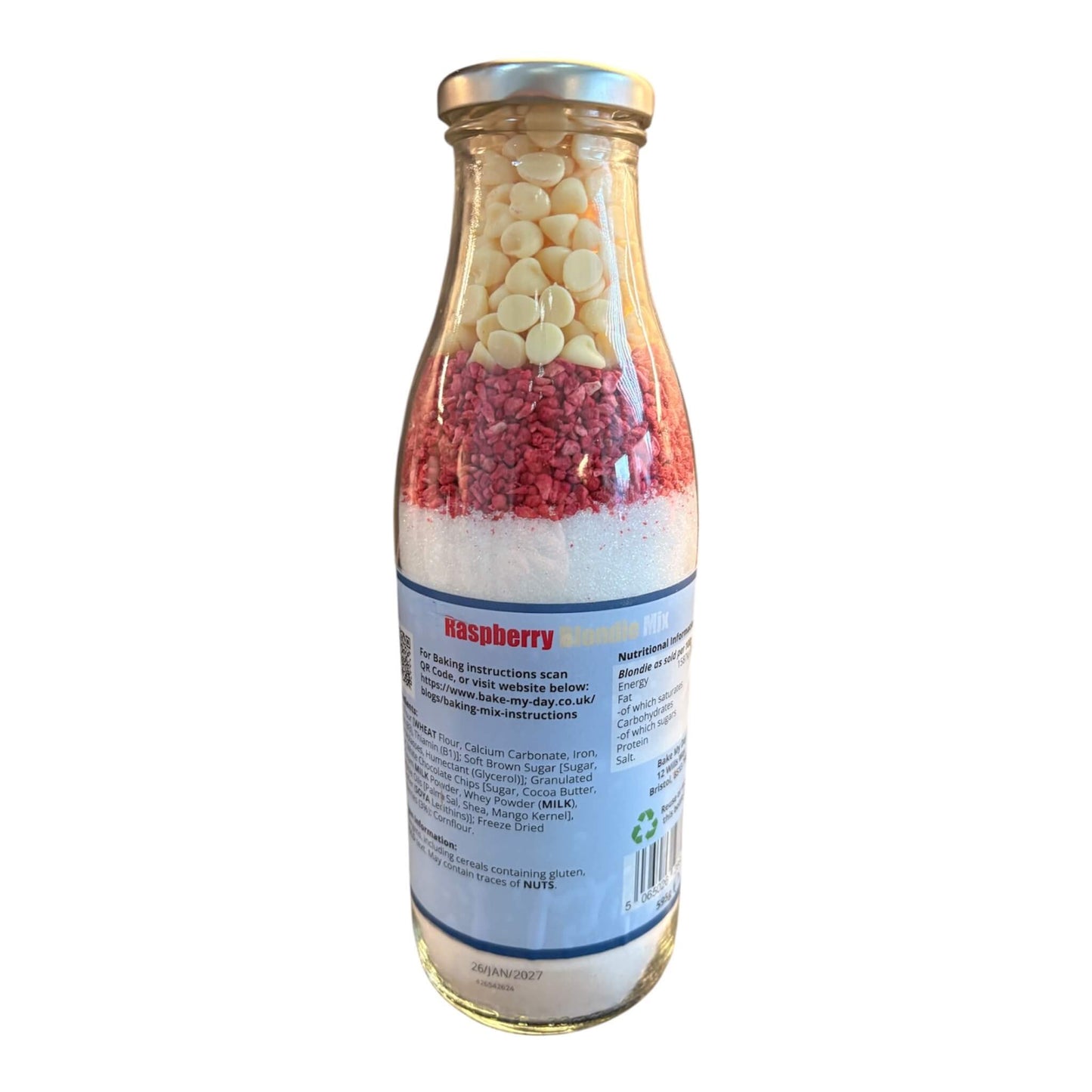 Raspberry & White Chocolate Blondie Baking Mix Bottle – bake-at-home jar kit UK with pre-measured ingredients to make 16 soft, chewy homemade Raspberry & White Chocolate blondies in a 9” x 9” tray