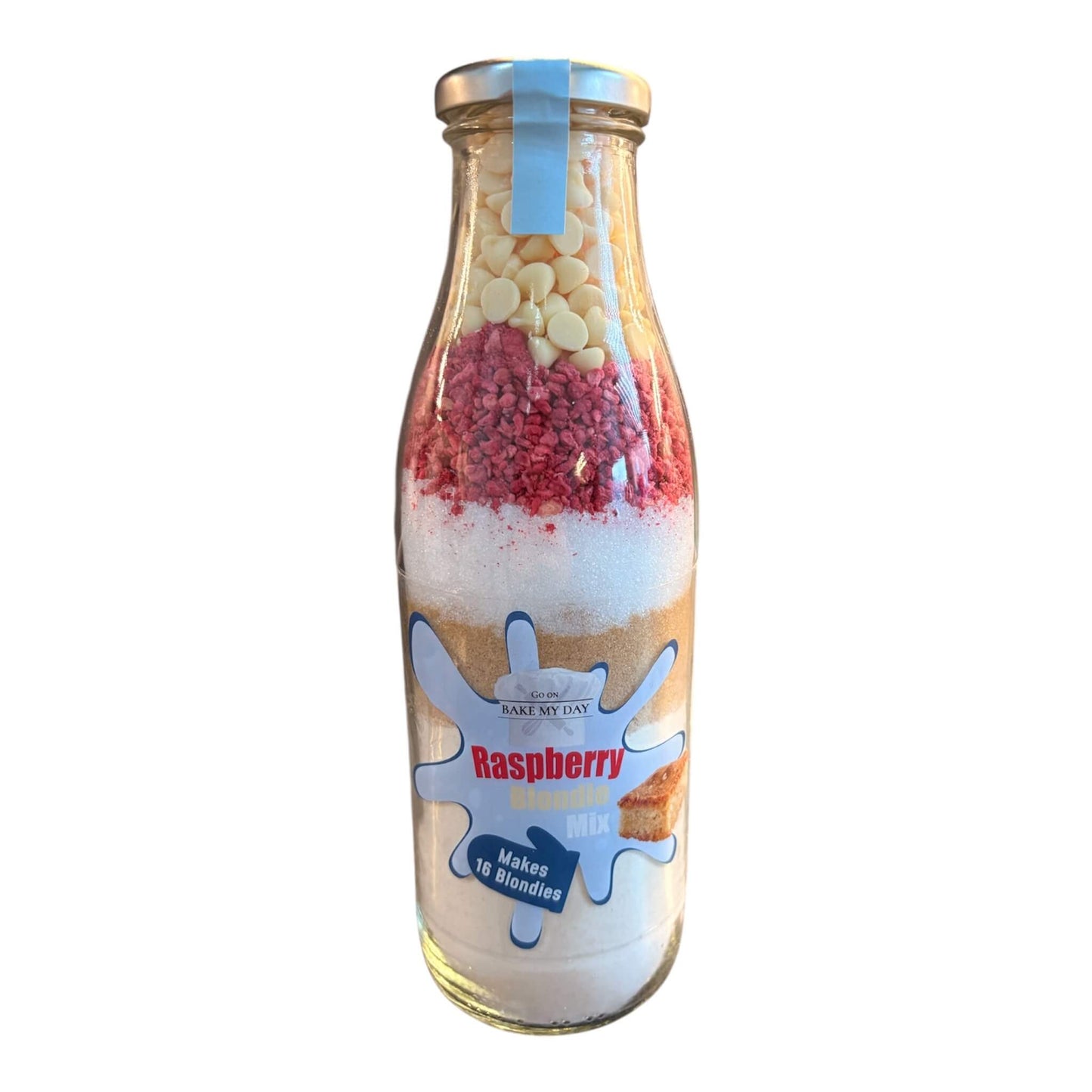 Raspberry & White Chocolate Blondie Baking Mix Bottle – bake-at-home jar kit UK with pre-measured ingredients to make 16 soft, chewy homemade Raspberry & White Chocolate blondies in a 9” x 9” tray