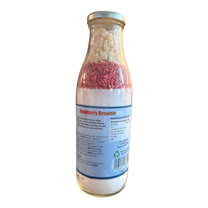 Raspberry & White Chocolate Brownie Baking Mix Bottle – bake-at-home jar kit UK with pre-measured ingredients to make 16 fudgy homemade brownies in a 9” x 9” tray.