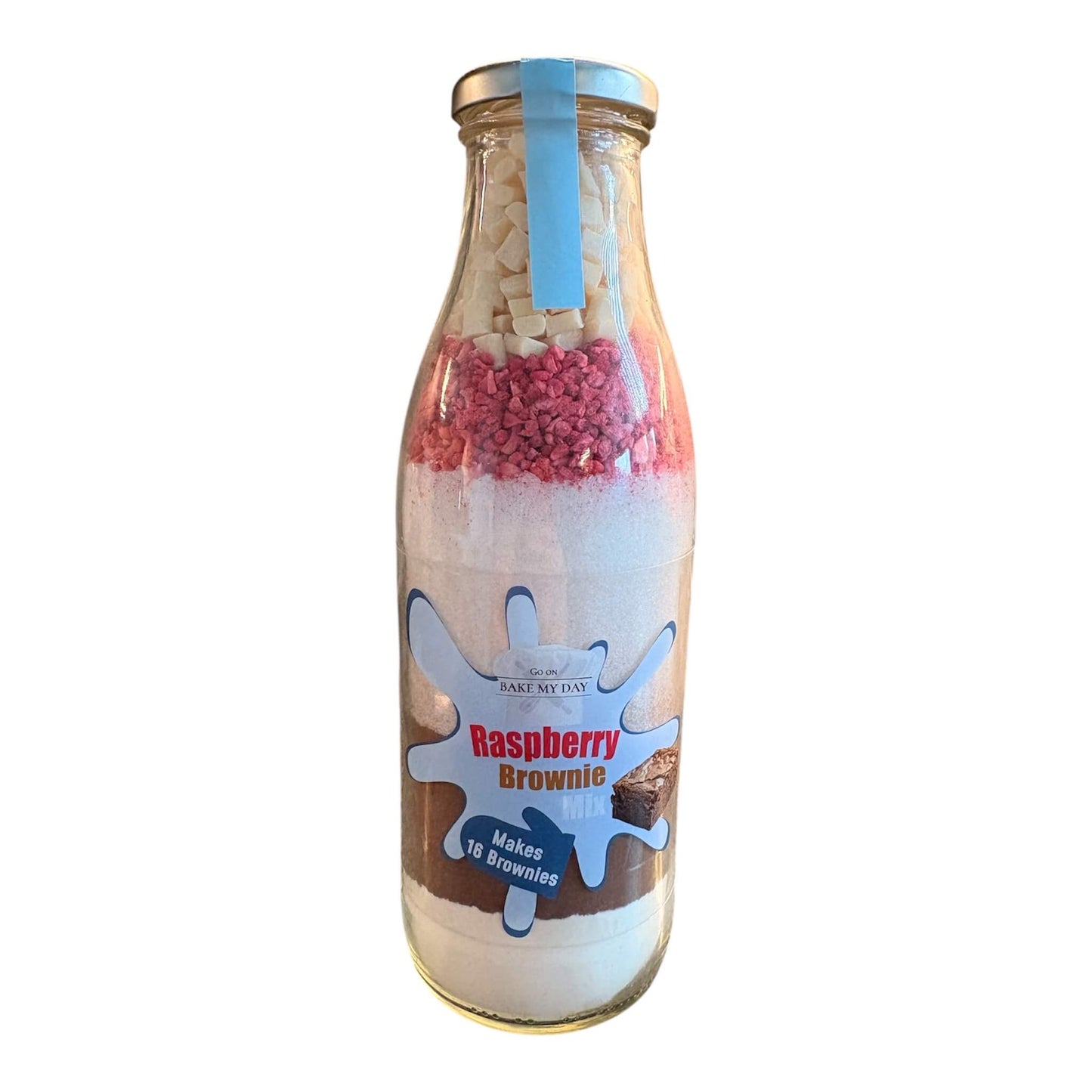 Raspberry & White Chocolate Brownie Baking Mix Bottle – bake-at-home jar kit UK with pre-measured ingredients to make 16 fudgy homemade brownies in a 9” x 9” tray.