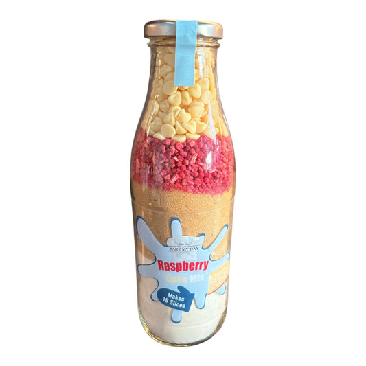 Raspberry & White Chocolate Cake Baking Mix Bottle with pre-measured dry ingredients in a glass jar