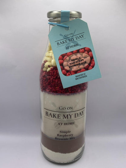Raspberry & White Chocolate Brownie Baking Mix Bottle – bake-at-home jar kit UK with pre-measured ingredients to make 12 fudgy homemade brownies in a 9” x 9” tray.