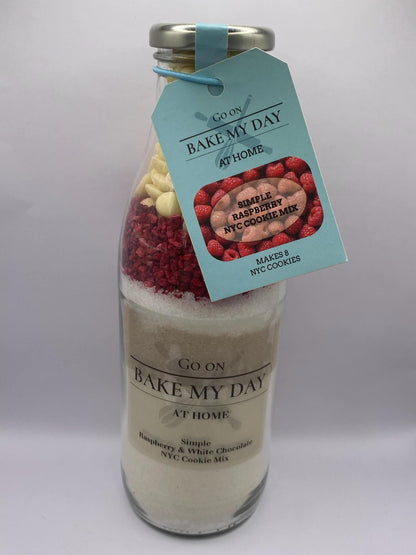Raspberry and White Chocolate Cookie Mix Bottle – bake-at-home jar kit UK with pre-measured dry ingredients for easy homemade cookies