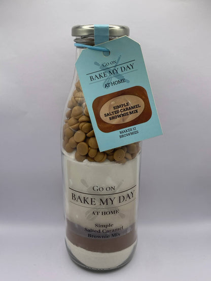 Bake My Day Salted Caramel Gluten-Free Wholesale Brownie Baking Mix – bottled mix for retailers, easy bake-at-home gluten-free salted caramel brownie mix, perfect for stores, online sales, and gift packs.