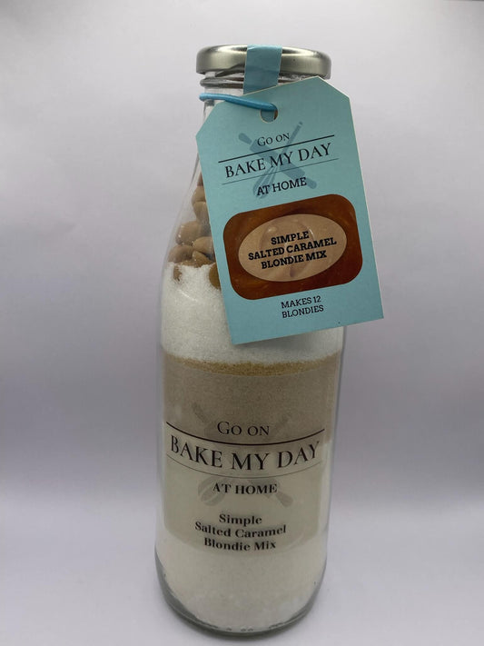 Salted Caramel Blondie Baking Mix Bottle – bake-at-home jar kit UK with pre-measured ingredients to make 12 soft, chewy homemade Salted Caramel blondies in a 9” x 9” tray