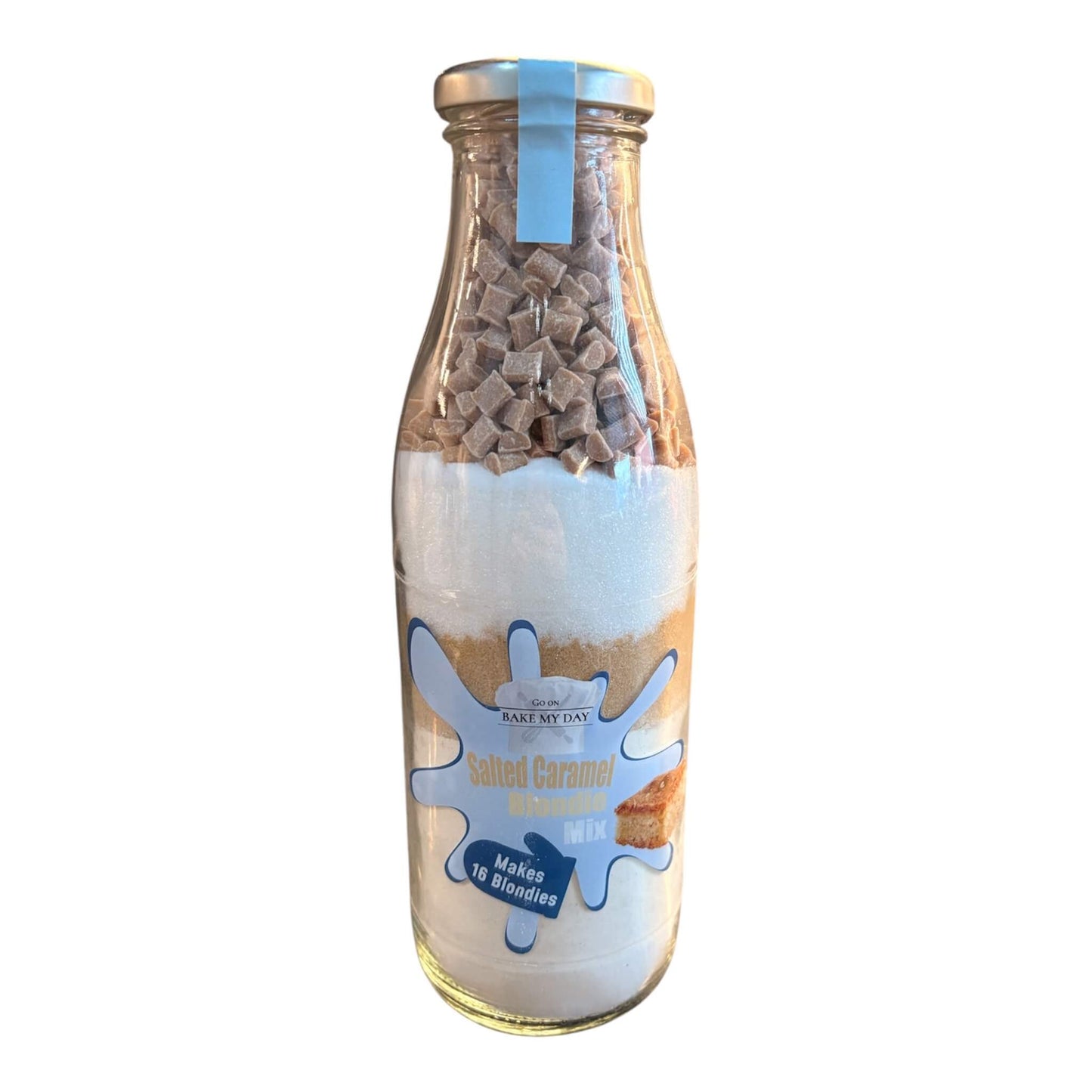 Salted Caramel Blondie Baking Mix Bottle – bake-at-home jar kit UK with pre-measured ingredients to make 16 soft, chewy homemade Salted Caramel blondies in a 9” x 9” tray
