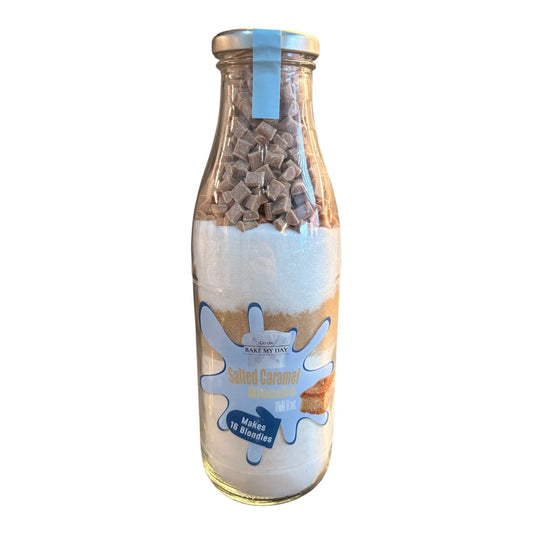Salted Caramel Blondie Baking Mix Bottle – bake-at-home jar kit UK with pre-measured ingredients to make 16 soft, chewy homemade Salted Caramel blondies in a 9” x 9” tray