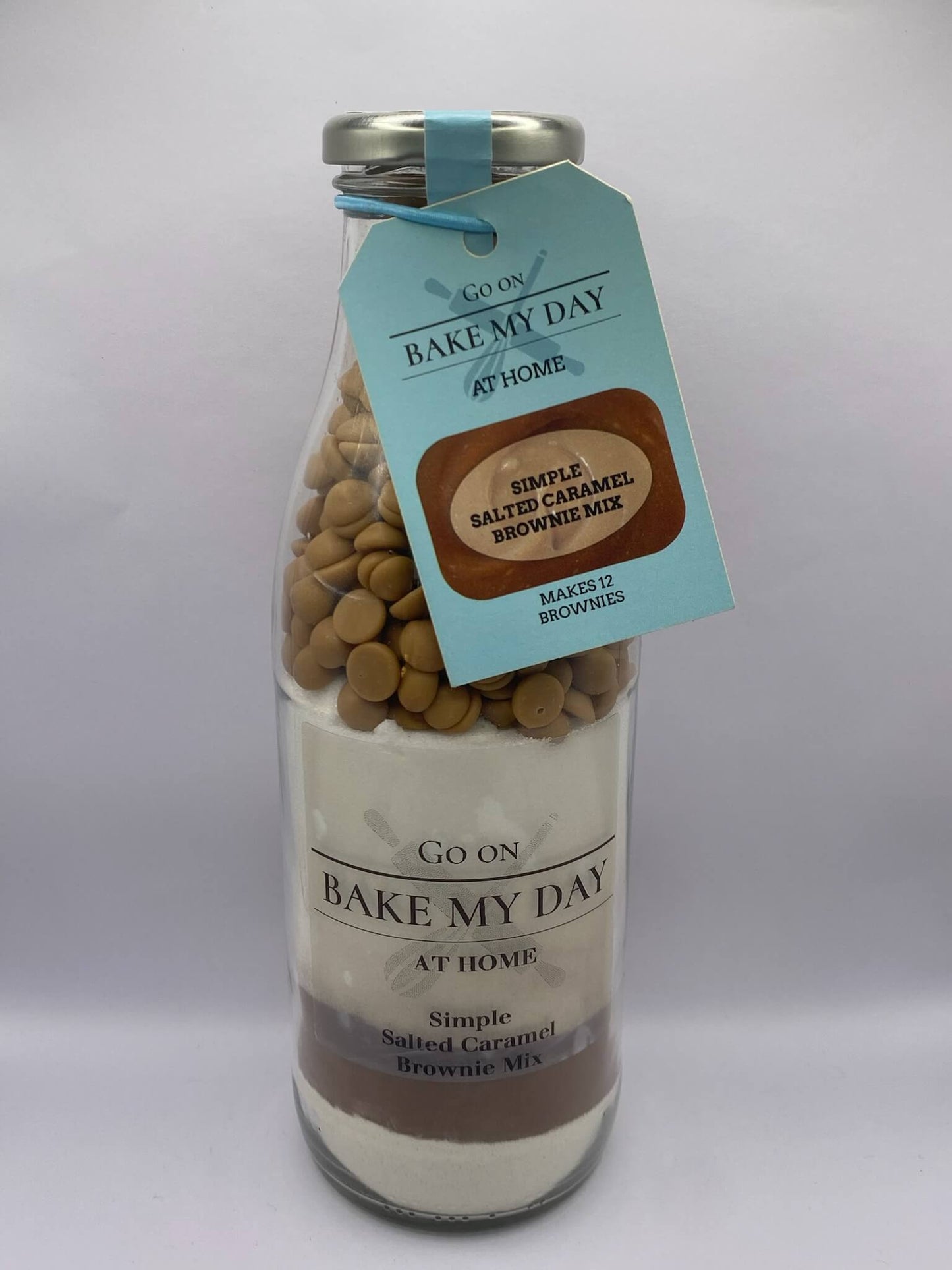 Salted Caramel Brownie Baking Mix Bottle – bake-at-home jar kit UK with pre-measured ingredients to make 12 fudgy homemade Salted Caramel brownies in a 9” x 9” tray