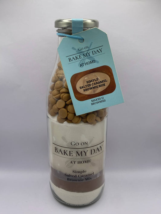 Salted Caramel Brownie Baking Mix Bottle – bake-at-home jar kit UK with pre-measured ingredients to make 12 fudgy homemade Salted Caramel brownies in a 9” x 9” tray
