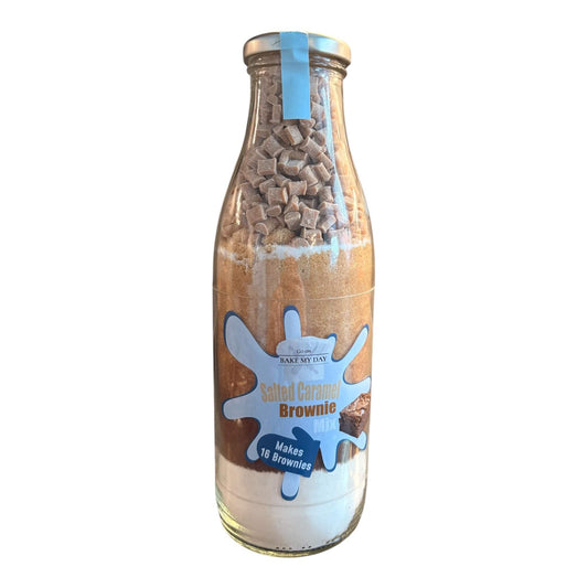 Salted Caramel Brownie Baking Mix Bottle – bake-at-home jar kit UK with pre-measured ingredients to make 16 fudgy homemade Salted Caramel brownies in a 9” x 9” tray