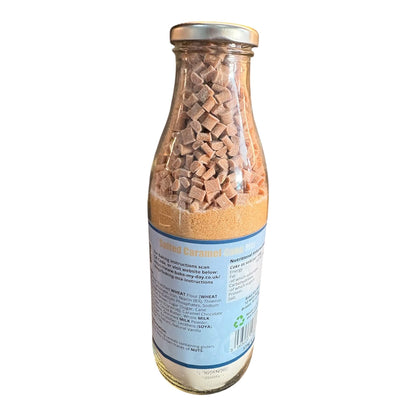 Salted Caramel Cake Baking Mix Bottle with pre-measured dry ingredients in a glass jar