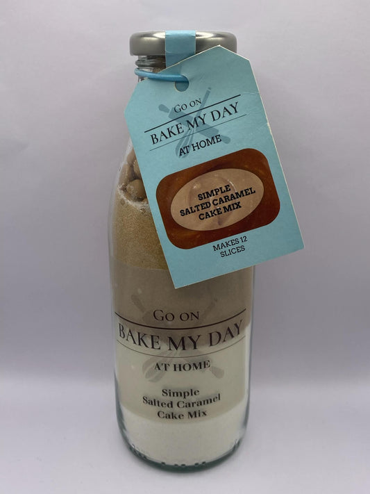 Salted Caramel Cake Baking Mix Bottle with pre-measured dry ingredients in a glass jar