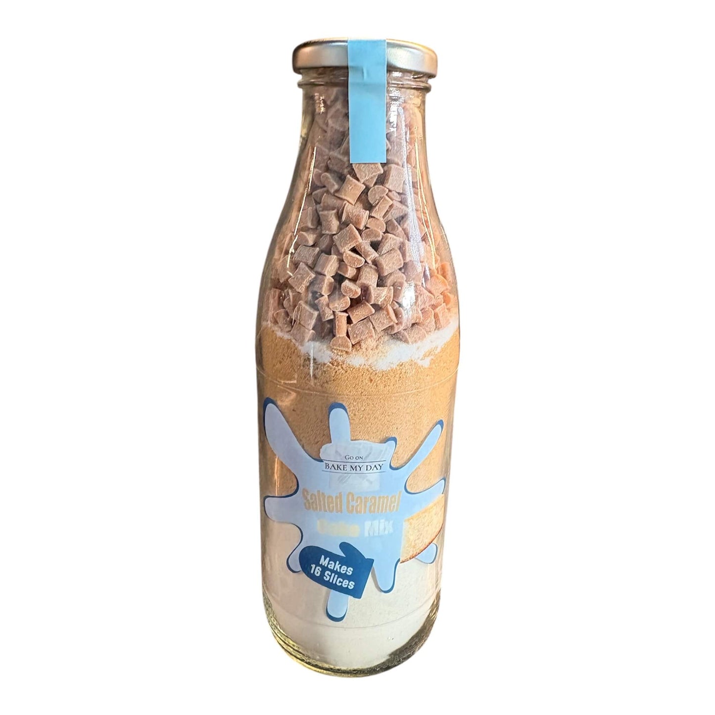 Salted Caramel Cake Baking Mix Bottle with pre-measured dry ingredients in a glass jar